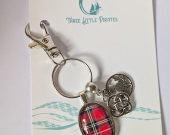 Scottish keyring, tartan keychain bag clip with thistle charms, any tartan