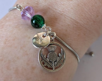Personalised thistle and initial bracelet, Scottish adjustable stainless steel bangle, handmade jewelry