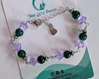 Thistle beaded bracelet, Scottish adjustable bangle in green and purple, handmade jewelry