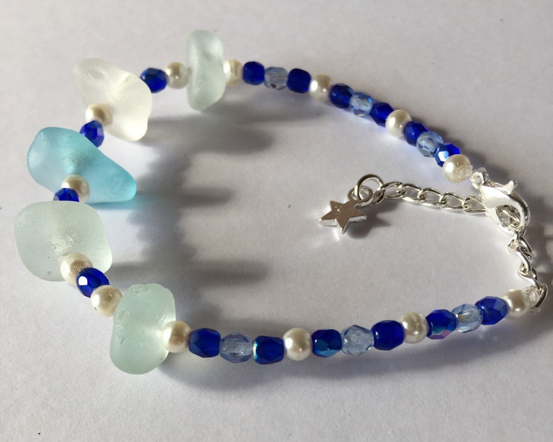 scottish seaside jewellery beach found glass bangle Blue Beaded seaglass bracelet