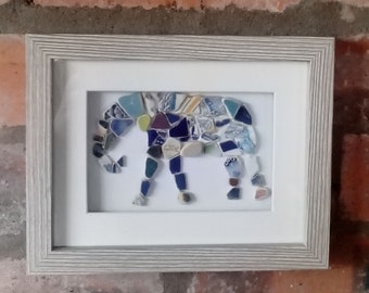 Beach pottery elephant, framed Scottish sea pottery mosaic wall art shadow box