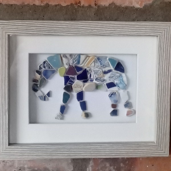 Beach pottery elephant, framed Scottish sea pottery mosaic wall art shadow box