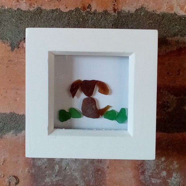 Seaglass wall art, brown dog in the grasss, handmade in scotland with upcycled glass