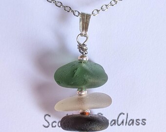 Seaglass Stack Necklace, Green Brown White Pendant, Scottish Beach Jewelry