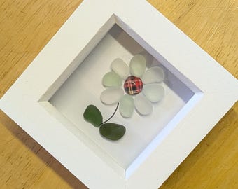Daisy flower Seaglass picture, sea glass framed wall art, Scottish seaglass beach gift