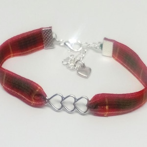Tartan Ribbon Bracelet: Silver Love Hearts, Scottish Wedding Jewelry