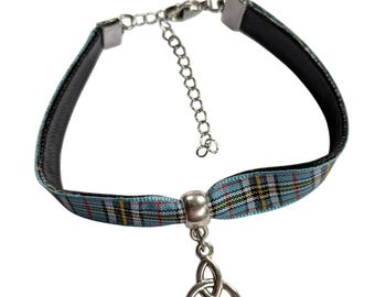 Celtic Knot Bracelet on a tartan ribbon band, handmade in Scotland, choose your plaid