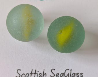 Two yellow Scottish Sea Glass Marbles, Beach Found Frosted Glass Balls