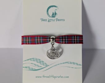 Handmade Tartan Ribbon Bracelet: Scottish plaid Thistle Charm bangle, Adjustable Celtic Jewelry