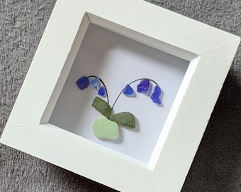 Blue orchid sea glass framed picture, Scottish seaglass beach art
