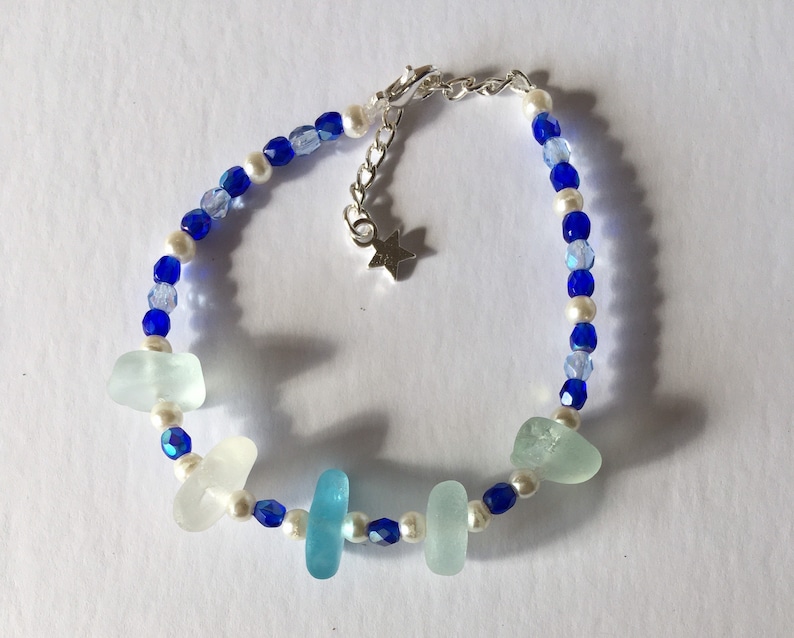 scottish seaside jewellery beach found glass bangle Blue Beaded seaglass bracelet