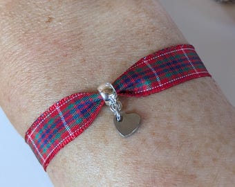 Tiny heart tartan friendship bracelet, handmade scottish ribbon plaid personalised adjustable bangle