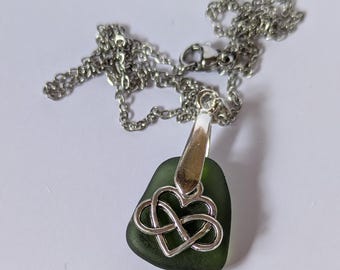 Scottish Green Sea Glass Pendant, Infinity Heart Charm, Beach Jewellery Gift