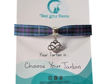 Infinity heart Bracelet on a tartan ribbon band, handmade in Scotland, choose your plaid