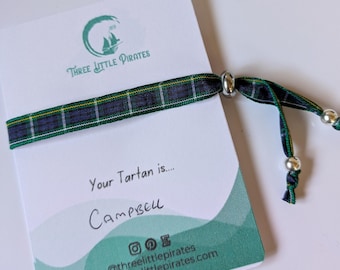 Simple tartan friendship bracelet, handmade scottish ribbon plaid personalised adjustable bangle