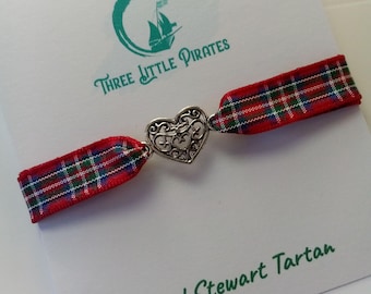 Love heart bracelet with scots tartan ribbon, Scottish plaid jewellery, handmade in scotland