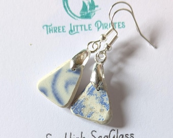 Blue and white beach pottery Earrings - Scottish sea ceramic Jewelry