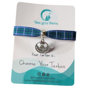 Handmade Tartan Ribbon Bracelet: Scottish plaid Thistle Charm bangle, Adjustable Celtic Jewelry