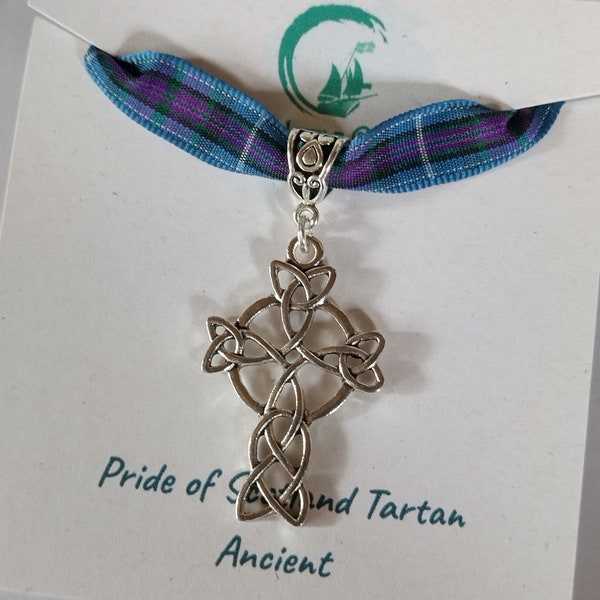 Celtic cross charm necklace with Scottish tartan ribbon