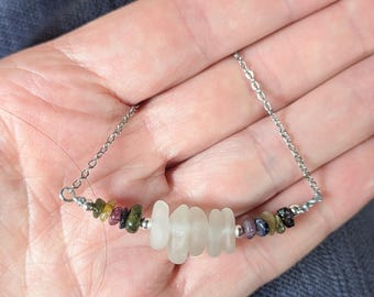 White seaglass and tourmaline necklace, seaside jewellery, handmade in Scotland