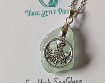 Scottish seaglass and thistle charm pendant, seafoam beach glass jewellery gift handmade in Scotland