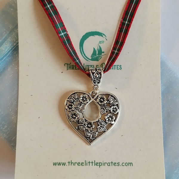 Silver filigree love heart Tartan ribbon necklace from Scotland, Stewart, Blackwatch, Douglas, MacKenzie, Menzies, Irish national, MacDonald