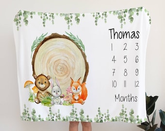 Woodland Milestone Blanket, Monthly Growth Tracker, Personalized Baby Blanket, Custom Blanket, Baby Shower Gift, New Baby Gift, Baby Boy