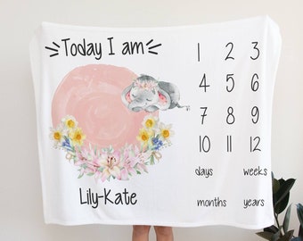 Girl Milestone Blanket, Baby Girl Monthly Blanket , Girl Month Blanket, Blanket, Baby Elephant Blanket, Baby Shower Gift,  Photo Prop