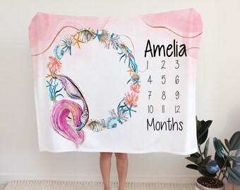 Girl Milestone Blanket, Baby Girl Monthly Blanket, Girl Month Blanket, Blanket, Baby Mermaid Blanket, Baby Shower Gift, Baby Girl Gift