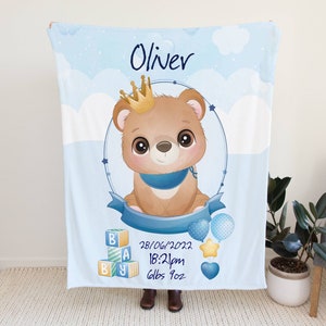Personalised New Baby Blanket, Newborn baby Boy Gift, Personalised Baby Announcement, Name Print Blanket, New Baby Gift, Teddy bear Baby