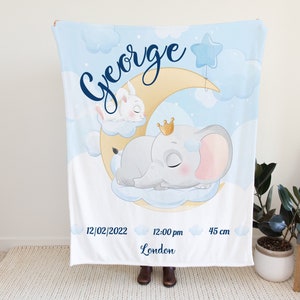 Benutzerdefinierte neue Babydecke, Neugeborenen-Baby-Jungen-Geschenk, personalisierte Babymitteilung, Name Druck-Decke, neues Babygeschenk, Elefant-Baby-Decke