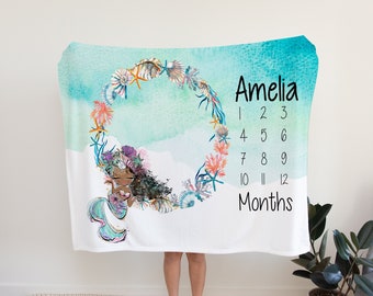 Girl Milestone Blanket, Baby Girl Monthly Blanket, Girl Month Blanket, Blanket, Baby Mermaid Blanket, Baby Shower Gift, Baby Girl Gift