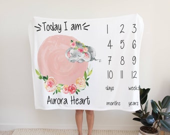 Girl Milestone Blanket, Baby Girl Monthly Blanket , Girl Month Blanket, Blanket, Baby Elephant Blanket, Baby Shower Gift, Baby Girl Gift