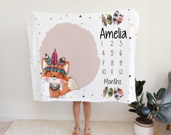 Wild Animal Milestone Blanket Girl Monthly Photos Blanket-Personalized Baby Girl Blanket with Watercolor Fox - Baby Shower Gift, Fox gift