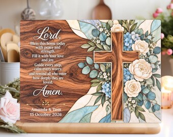 Personalized Christian Glass Cutting Board, Blue Hydrangea Cross Home Blessing, Couple Names and Date, Religious Housewarming Gift