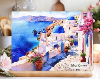 Santorini Greece Glass Cutting Board – Tempered Kitchen Decor with Blue Domes, Sea View & Flowers – Greek Island Gift Idea, Santorini gift