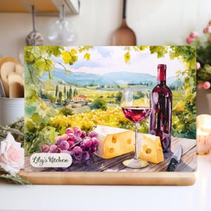 Glass Cutting Board with Grapes and Wine, Personalized Kitchen Accessory, Tuscan Vineyard Decor, Gift for Cooks
