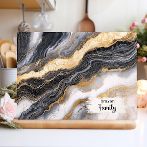Personalised Glass Cutting Board, marble with gold accents, black and white Print, Serving Tray, Kitchen Decor, Wedding Gift, New home gifts
