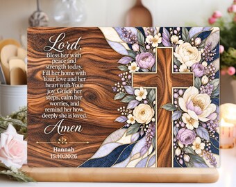 Personalized Christian Glass Cutting Board, Lavender Floral Cross Prayer Gift for Her, Name and Date, Faith Kitchen Decor, Religious Gift