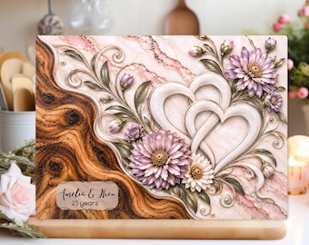 Personalized Silver Wedding Glass Board, 25th Anniversary Gift, Custom Couple Names, Purple Floral Heart Cutting Board Under 45