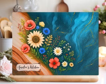 Personalized Glass Charcuterie Board, Epoxy River Resin Cutting Custom Style Wild flowers  Kitchen Decor, New home gifts, Wedding Gift