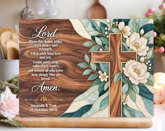 Personalized Christian Glass Cutting Board, Teal Floral Cross Home Blessing Prayer, Couple Names and Date, Religious Housewarming Gift