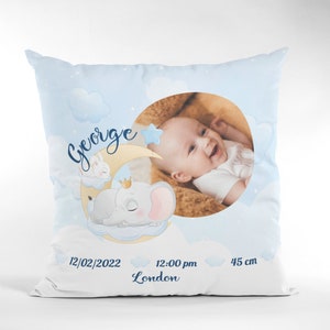 Regalo personalizado para bebé recién nacido, cojín personalizado para nacimiento de bebé, cojín para guardería, anuncio de nacimiento, regalo para baby shower, cojín de elefante para bebé