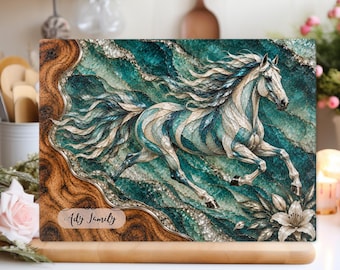 Personalized Galloping Horse Glass Cutting Board, Teal Turquoise and Silver Equestrian Decor, Gift for Horse Lover and Rider