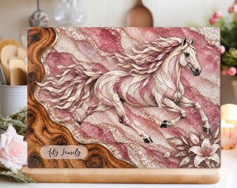 Personalized Galloping Horse Glass Cutting Board, Blush Pink Rose Gold Equestrian Kitchen Decor, Gift for Horse Lover and Rider