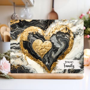 Personalised Glass Cutting Board, marble, gold heart, accents black white Print, Serving Tray, Kitchen Decor, Wedding Gift, New home gifts