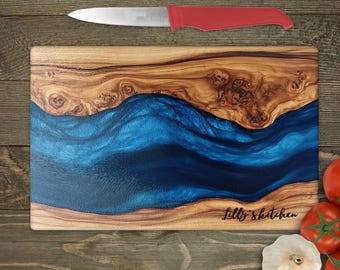 Personalised Glass Cutting Board Blue Ocean Epoxy Resin Art Print,  Serving Tray, Kitchen Decor, Wedding Gift, New home gifts, custom border