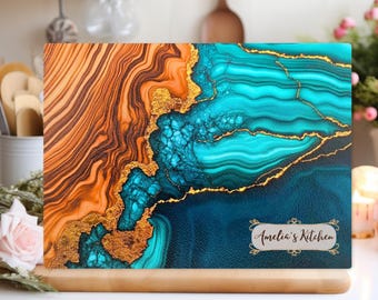 Personalized Glass Board, Epoxy River Resin Cutting Board, Custom Olive Wood Chopping Board, New home gifts,  Wedding Gift, Board Blue Ocean