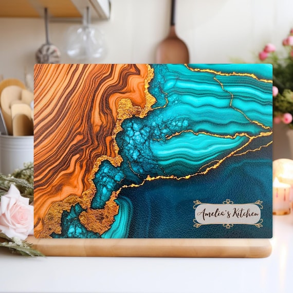 Personalized Glass Board, Epoxy River Resin Cutting Board, Custom Olive Wood Chopping Board, New home gifts,  Wedding Gift, Board Blue Ocean