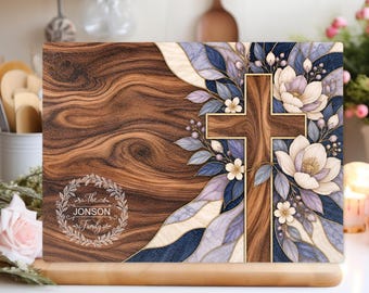 Personalized Christian Glass Cutting Board, Navy Lavender Floral Cross Family Name Monogram, Faith Kitchen Decor, Housewarming Gift
